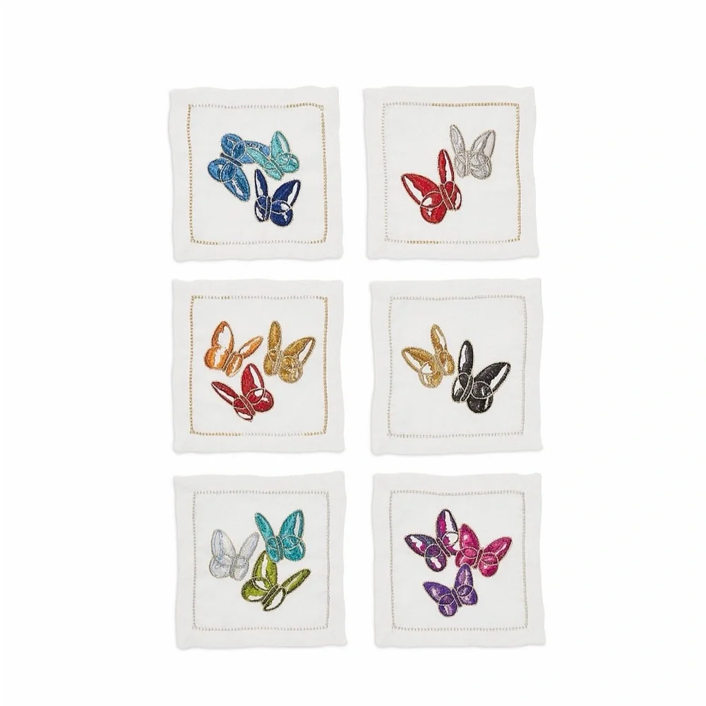 Kim Seybert White Cocktail Napkins with Multicolor Embroidered Butterflies - Picture 2 of 12